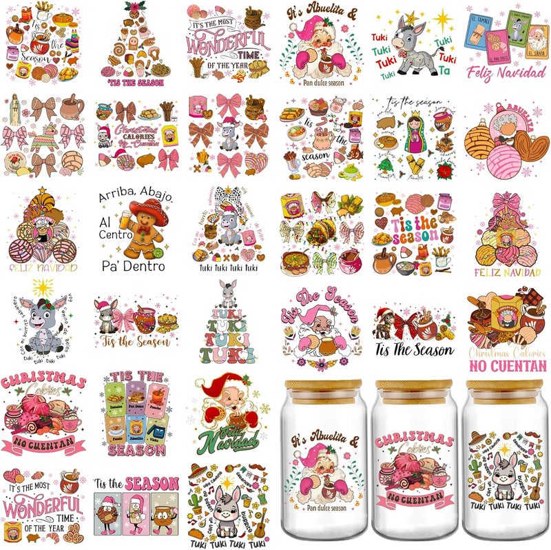 AFRITEE Christmas UV DTF Cup Wraps - 30 Cute Santa Claus Gingerbread Man UV DTF Sticker for 16 20 oz Tumbler, Christmas Tree Bow Snowflakes Cold Transfer Sticker DIY Glass Water Bottle Craft Decal Decoration - Image 1
